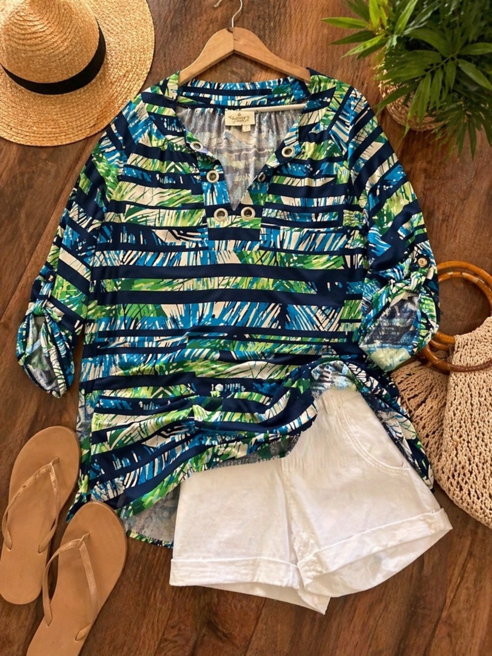 Saint Tropez West Blue Green Tropical Tunic Top Large Beach Cover Up Resort